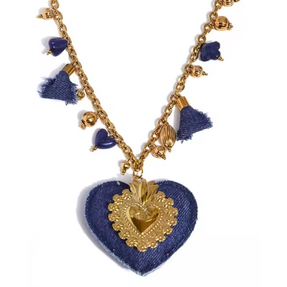 New!Anthropologie jeans color lux stainless Gold Blue Heart Pendant Necklace NWT - Picture 12 of 12